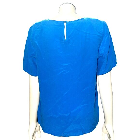 Tess Vintage M Cobalt Blue Silk Short Sleeve Blouse Minimalist Office Summer Top - Picture 5 of 9